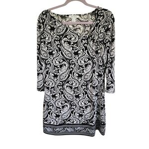 White House Black Market L Women's Dress Paisley White Black Stretch‎ NWOT